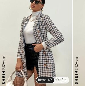 SHEIN BIZWear Tweed Double Breasted Black and White Trench Blazer Jacket NWT L